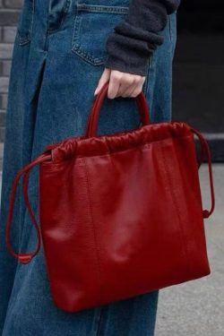 Women Red Drawstring Large Capacity Faux Leather Satchel Handbag