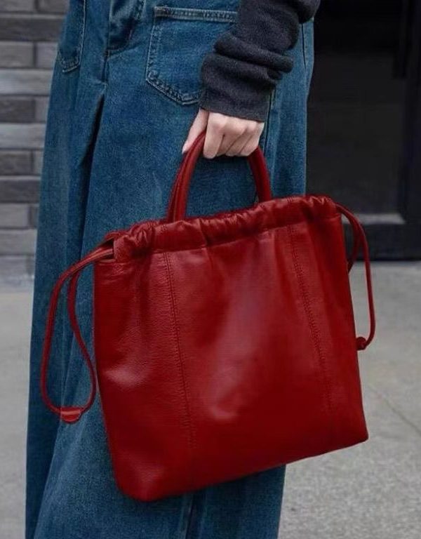 Women Red Drawstring Large Capacity Faux Leather Satchel Handbag