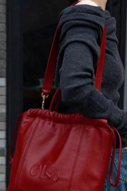 Women Red Drawstring Large Capacity Faux Leather Satchel Handbag
