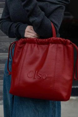 Women Red Drawstring Large Capacity Faux Leather Satchel Handbag