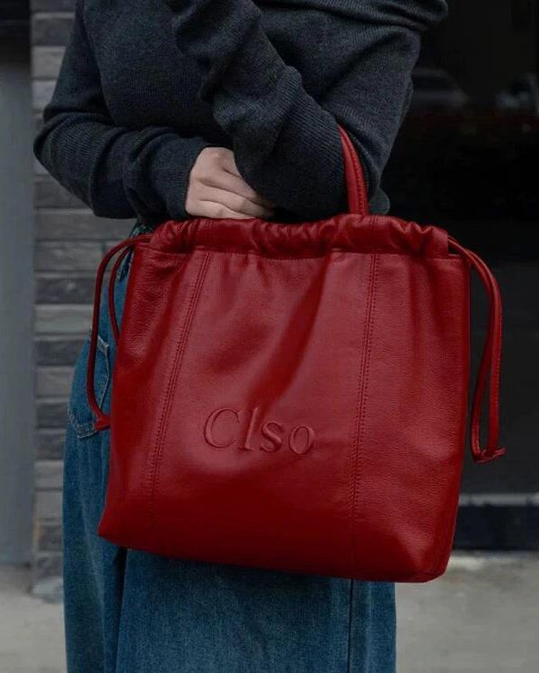 Women Red Drawstring Large Capacity Faux Leather Satchel Handbag