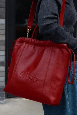 Women Red Drawstring Large Capacity Faux Leather Satchel Handbag