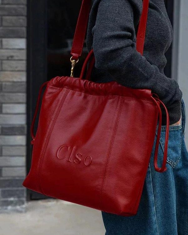 Women Red Drawstring Large Capacity Faux Leather Satchel Handbag