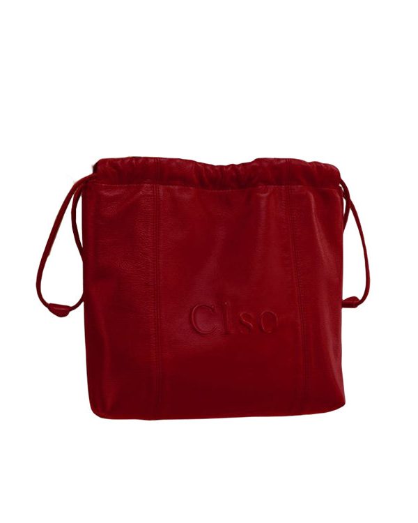 Women Red Drawstring Large Capacity Faux Leather Satchel Handbag