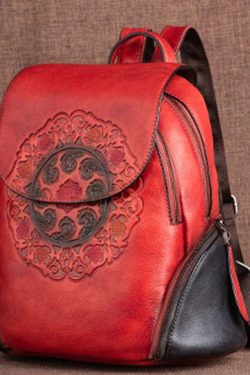 Women Red Embossing Paitings Calf Leather Backpack Bag