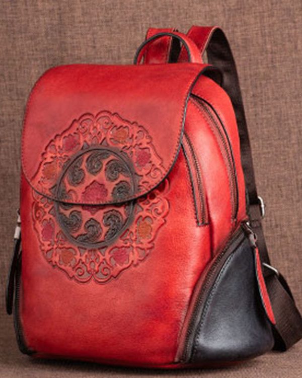 Women Red Embossing Paitings Calf Leather Backpack Bag