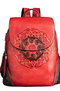Women Red Embossing Paitings Calf Leather Backpack Bag