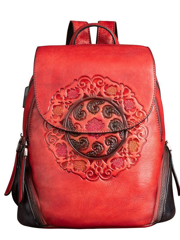 Women Red Embossing Paitings Calf Leather Backpack Bag