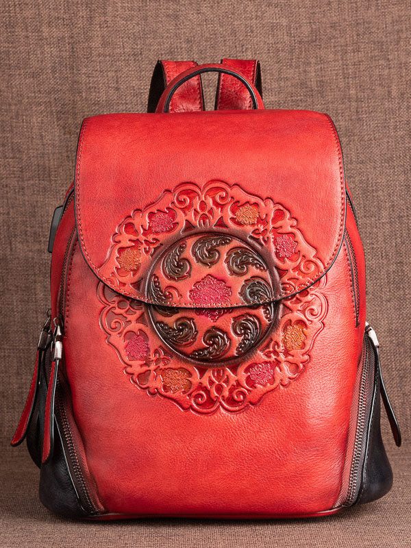 Women Red Embossing Paitings Calf Leather Backpack Bag