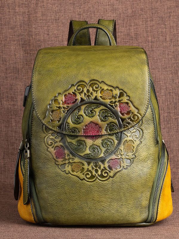 Women Red Embossing Paitings Calf Leather Backpack Bag