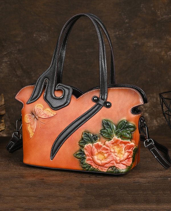 Women Retro Coffee Embossed Calf Leather Tote Handbag