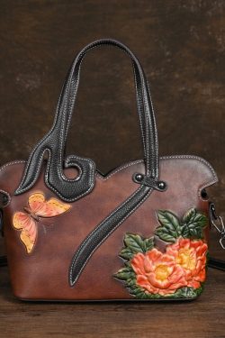 Women Retro Coffee Embossed Calf Leather Tote Handbag