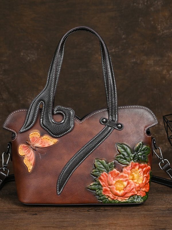 Women Retro Coffee Embossed Calf Leather Tote Handbag