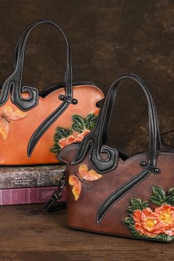 Women Retro Coffee Embossed Calf Leather Tote Handbag