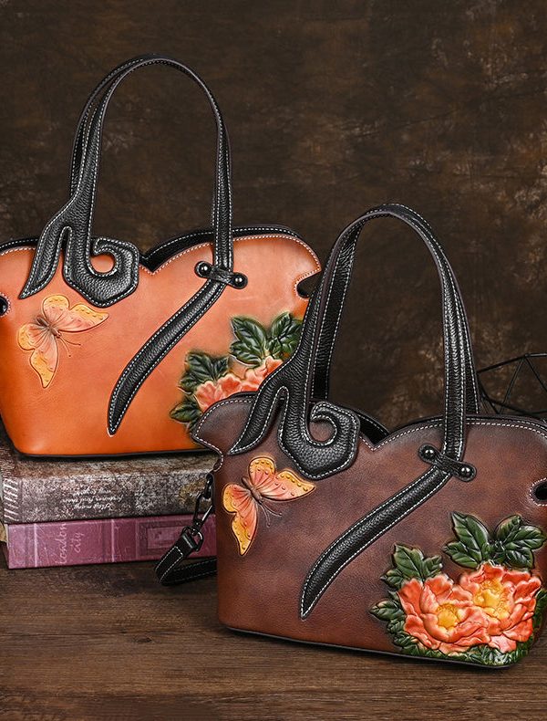 Women Retro Coffee Embossed Calf Leather Tote Handbag