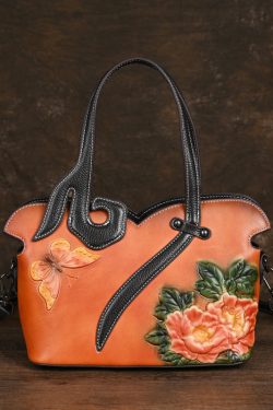 Women Retro Coffee Embossed Calf Leather Tote Handbag