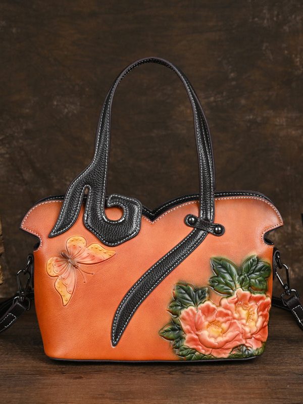 Women Retro Coffee Embossed Calf Leather Tote Handbag