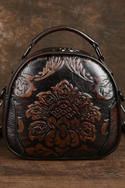 Women Retro Red Embossed Calf Leather Tote Messenger Bag