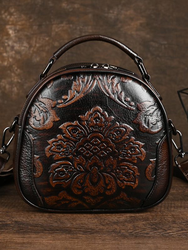 Women Retro Red Embossed Calf Leather Tote Messenger Bag