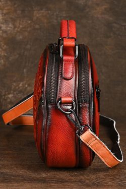 Women Retro Red Embossed Calf Leather Tote Messenger Bag