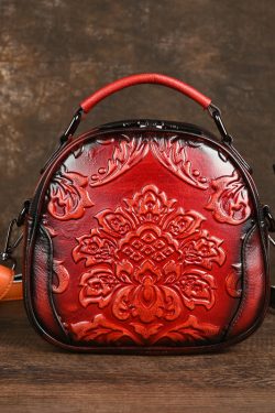 Women Retro Red Embossed Calf Leather Tote Messenger Bag