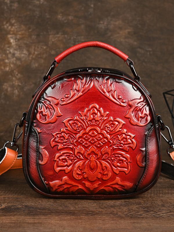 Women Retro Red Embossed Calf Leather Tote Messenger Bag