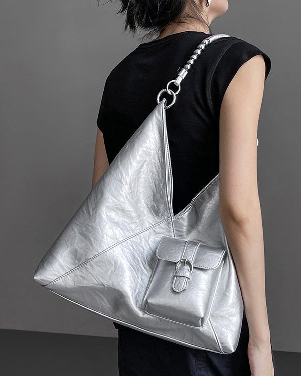 Women Silver Durable Large Capacity  Faux Leather Satchel Handbag