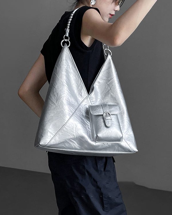 Women Silver Durable Large Capacity Faux Leather Satchel Handbag