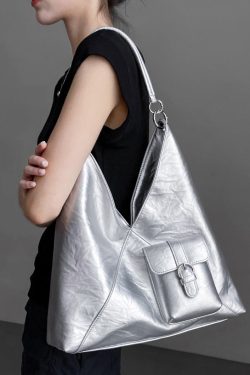 Women Silver Durable Large Capacity  Faux Leather Satchel Handbag