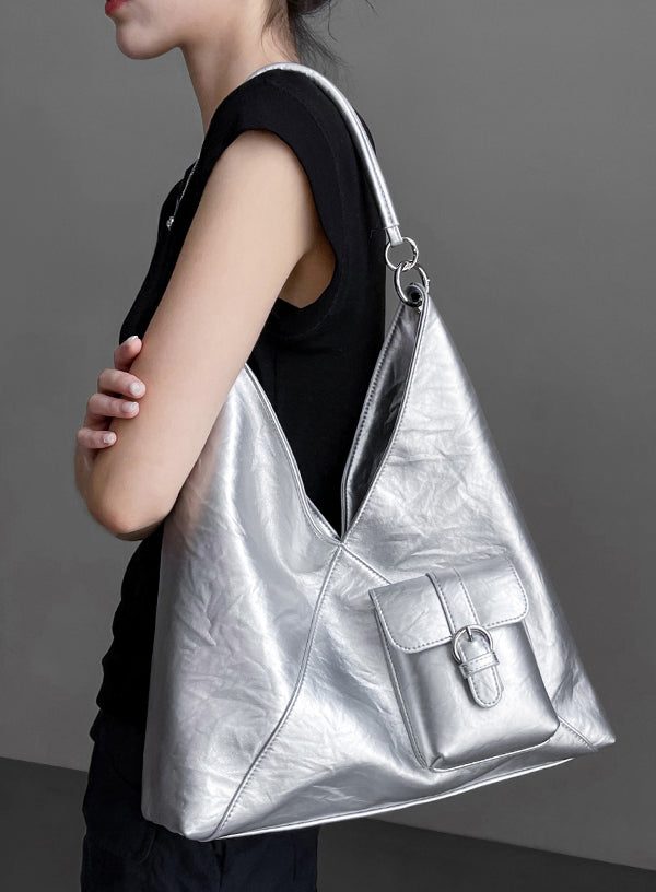 Women Silver Durable Large Capacity Faux Leather Satchel Handbag