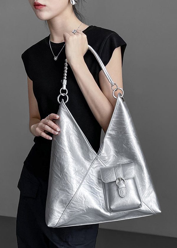 Women Silver Durable Large Capacity Faux Leather Satchel Handbag