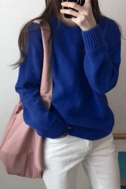 Women Simple Blue O Neck Knit Sweaters Spring