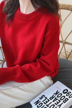 Women Simple Blue O Neck Knit Sweaters Spring