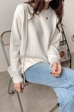 Women Simple Blue O Neck Knit Sweaters Spring