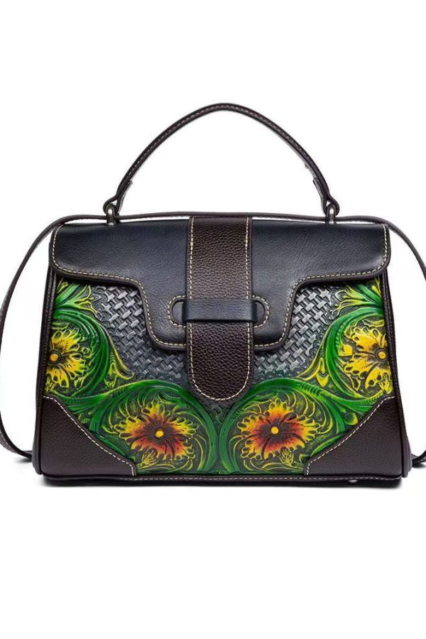 Women Vintage Grey Embossed Calf Leather Satchel Handbag