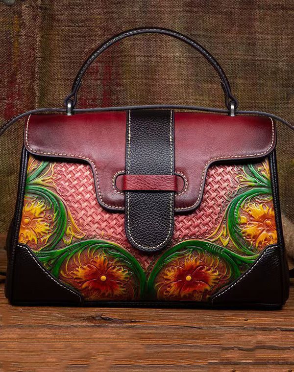 Women Vintage Grey Embossed Calf Leather Satchel Handbag