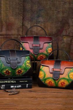 Women Vintage Grey Embossed Calf Leather Satchel Handbag