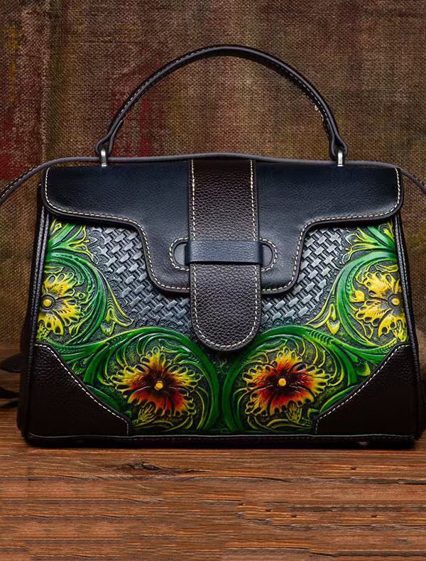 Women Vintage Grey Embossed Calf Leather Satchel Handbag