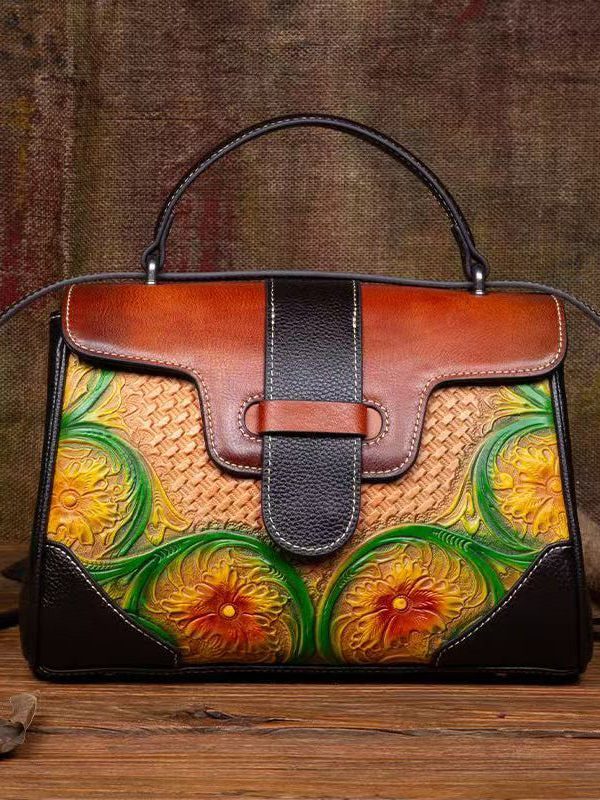 Women Vintage Grey Embossed Calf Leather Satchel Handbag