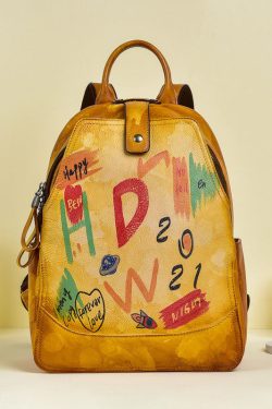 Women Yellow Graffiti Paitings Calf Leather Backpack Bag