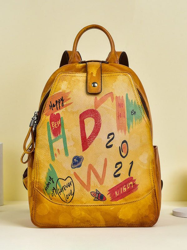 Women Yellow Graffiti Paitings Calf Leather Backpack Bag