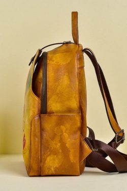 Women Yellow Graffiti Paitings Calf Leather Backpack Bag