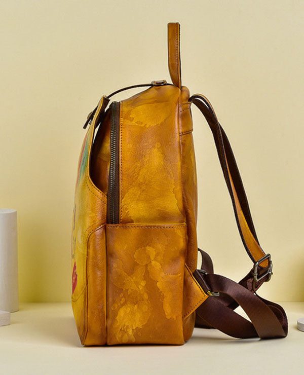 Women Yellow Graffiti Paitings Calf Leather Backpack Bag