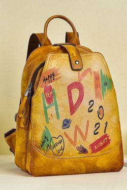 Women Yellow Graffiti Paitings Calf Leather Backpack Bag