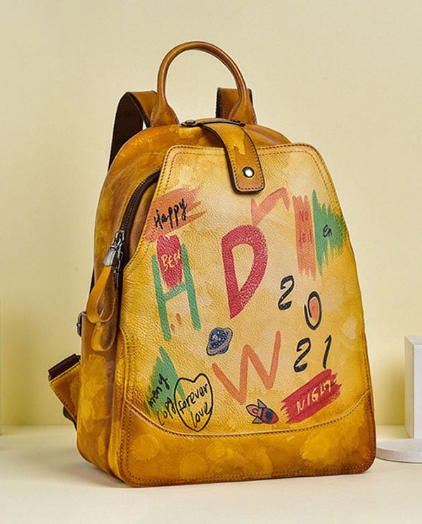 Women Yellow Graffiti Paitings Calf Leather Backpack Bag