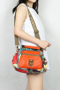 Women Yellow Print Cotton Patchwork Calf Leather Messenger Bag