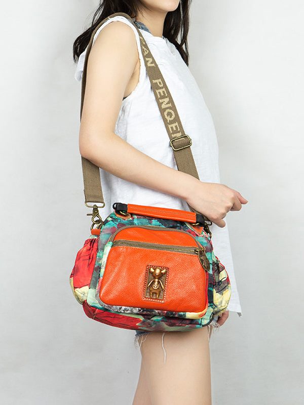 Women Yellow Print Cotton Patchwork Calf Leather Messenger Bag
