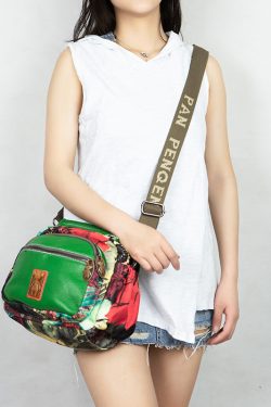 Women Yellow Print Cotton Patchwork Calf Leather Messenger Bag