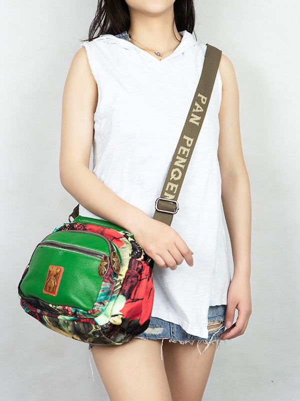 Women Yellow Print Cotton Patchwork Calf Leather Messenger Bag