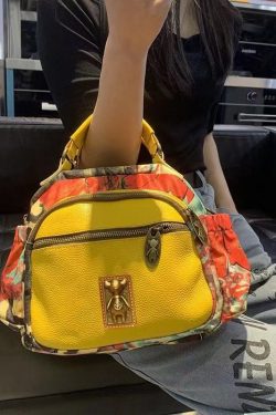 Women Yellow Print Cotton Patchwork Calf Leather Messenger Bag